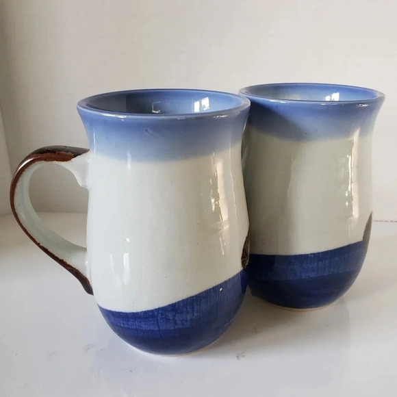 Vintage Otigiri set of  2 Stoneware Nautical Scene Blue/White/Brown Coffee Mugs. - Picture 2 of 7
